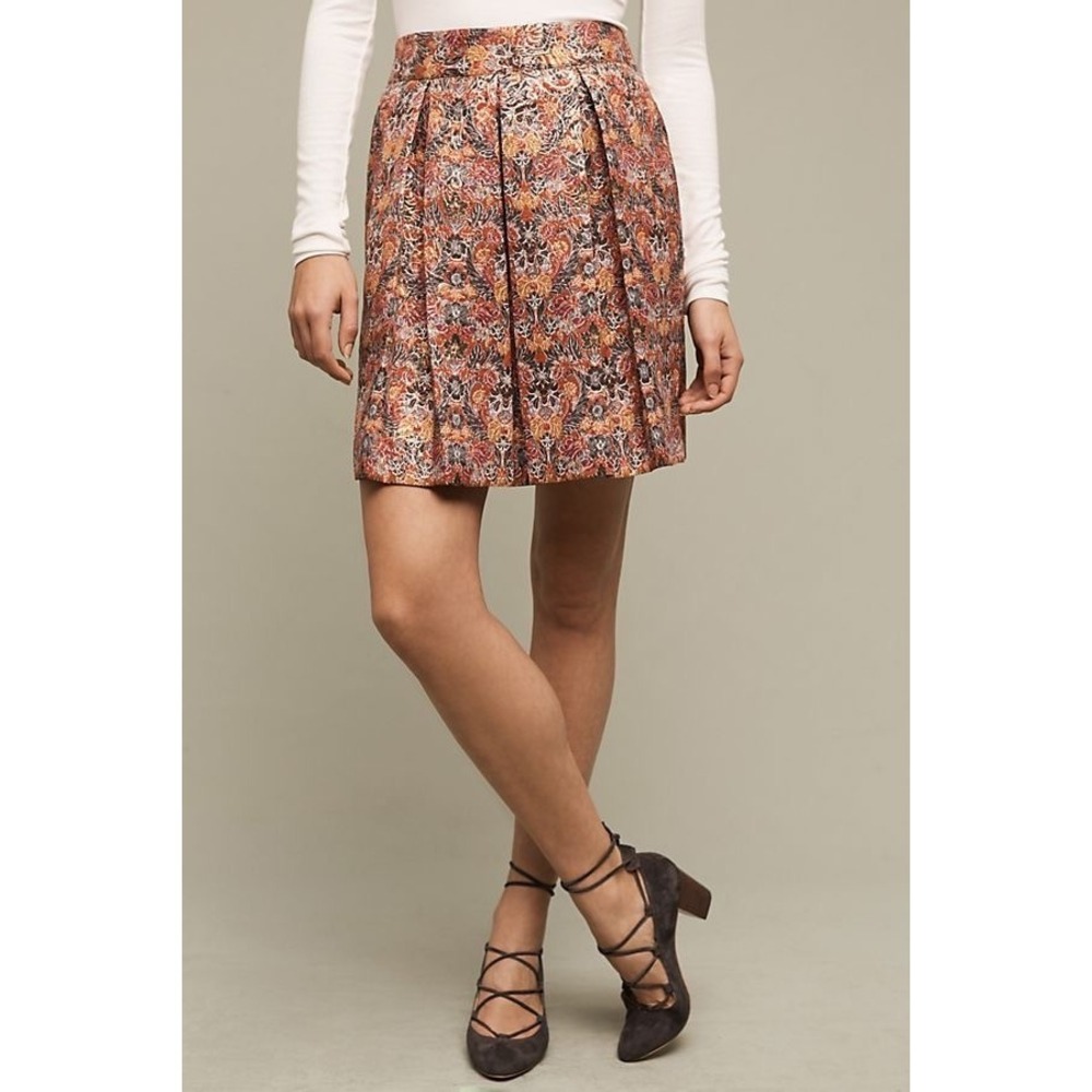 Anthropologie MAEVE Rosie Floral‎ Skirt Pleated Metallic Brocade Pockets Small